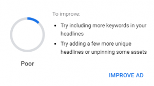 Picture of Google Ads Poor Ad Strength Improvement Suggestions