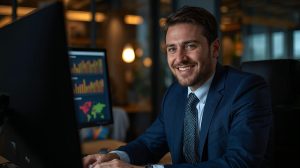 happy lawyer looking at positive marketing results on computer